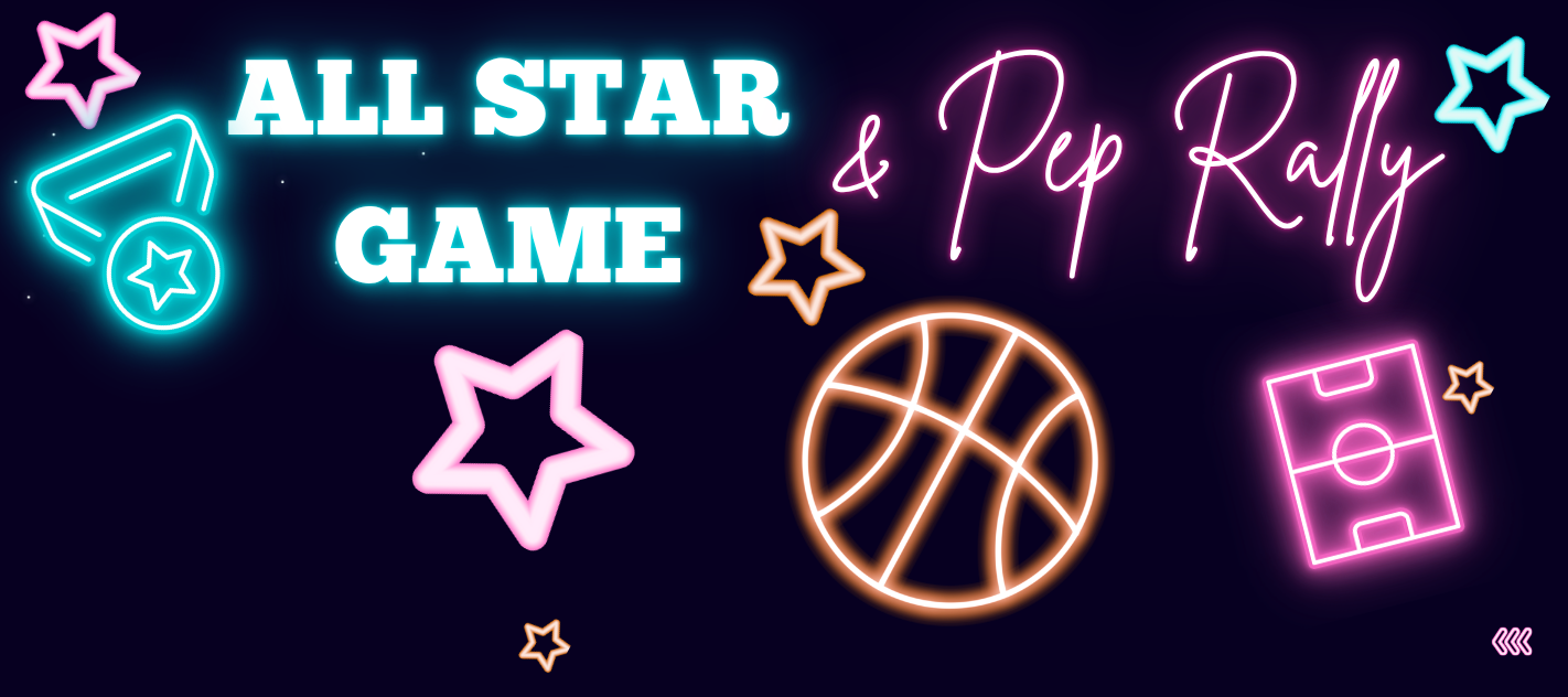 This image shows neon letters and symbols, stating All Star Game & Pep Rally