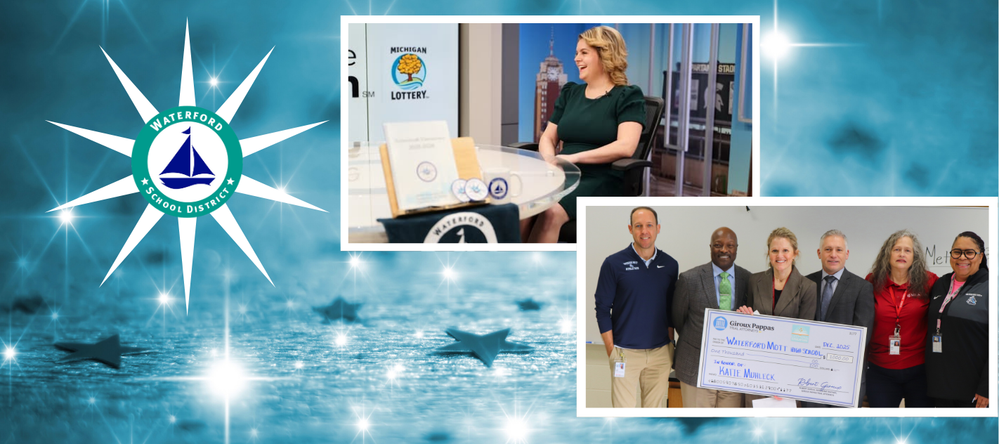 Shows two photos of teachers who have won awards and a star with the wsd logo in the middle