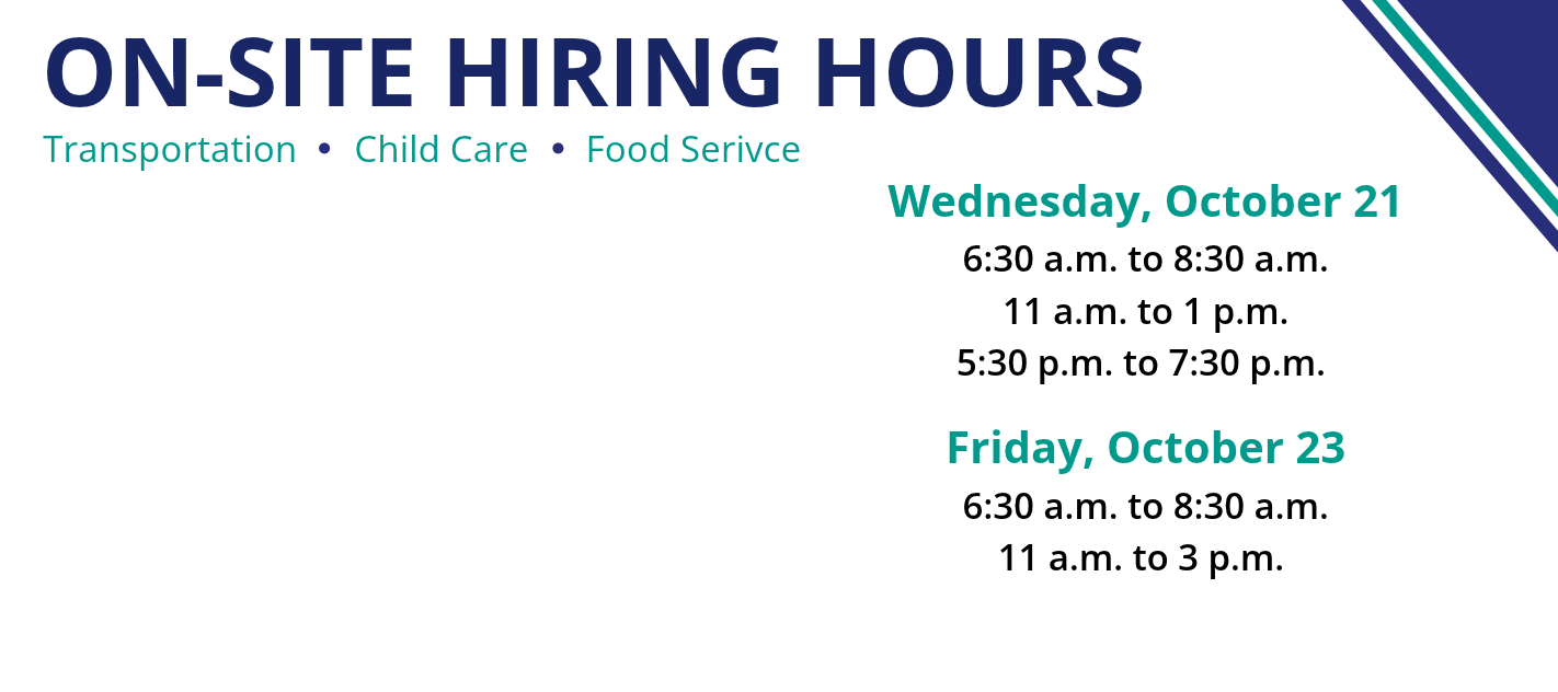 Promotional graphic titled "ON-SITE HIRING HOURS" for roles in Transportation, Child Care, and Food Service. Hiring hours take place at Crary Campus, 501 N. Cass Lake Road, Waterford, MI 48328. Under "What to bring," it lists: Updated Resume, Valid State Driver’s License or ID, and References/Prior Employment History.