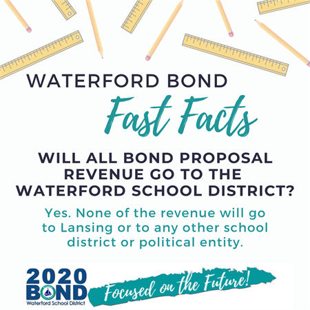 Will all bond proposal revenue go to the Waterford School District. Yes, None of the revenue will go to Lansing or to any other school district or political entity.