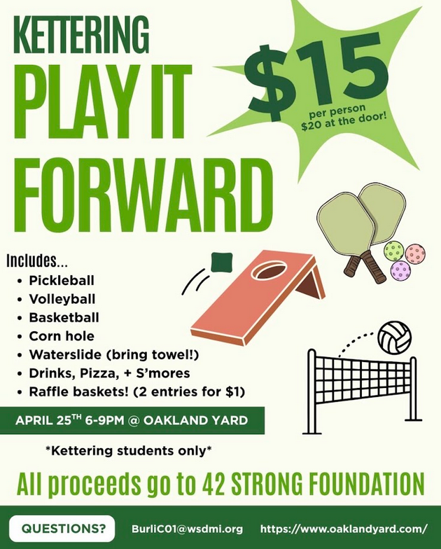 Play it Forward Flyer: Pickleball, Volleyball, Basketball, Corn hole, Water Slide, Drinks, Pizza and other goodies. 6-9pm